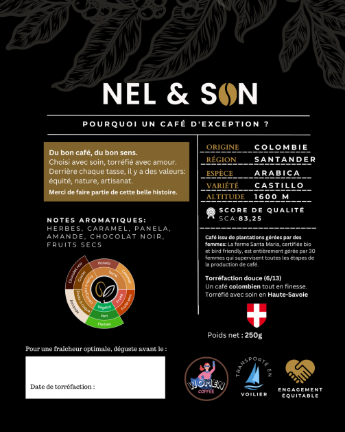 250Gr Café en Grains Bio Artisanal – Castillo – Colombie Santander–SCA 83,25