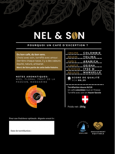 250Gr Café en Grains Artisanal – Geisha – Colombie Tolima – SCA 86,25